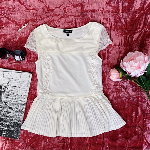 Bebe white short sleeve lace top (xs) - Picture 1 of 4